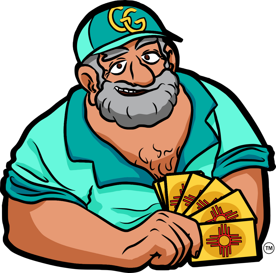 Grampy Gamer Welcomes You! Happy Gaming! This is the logo of Grampy Gamer. It depicts a heavy-set older man with a gray beard holding a hand of cards.